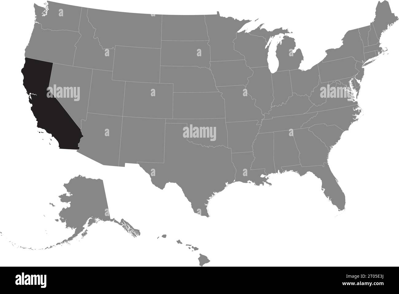 Schwarze CMYK-Bundeskarte von KALIFORNIEN in detaillierter grauer, leerer politischer Karte der Vereinigten Staaten von Amerika auf transparentem Hintergrund Stock Vektor