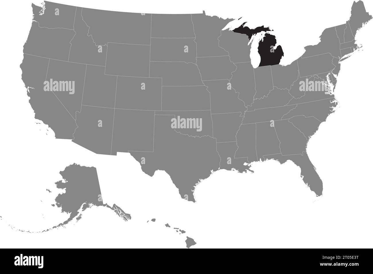 Schwarze CMYK-Bundeskarte von MICHIGAN in detaillierter grauer, leerer politischer Karte der Vereinigten Staaten von Amerika auf transparentem Hintergrund Stock Vektor