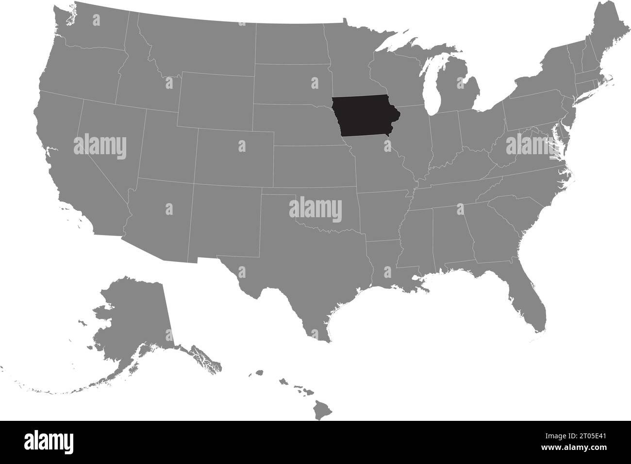 Schwarze CMYK-Bundeskarte von IOWA in detaillierter grauer, leerer politischer Karte der Vereinigten Staaten von Amerika auf transparentem Hintergrund Stock Vektor