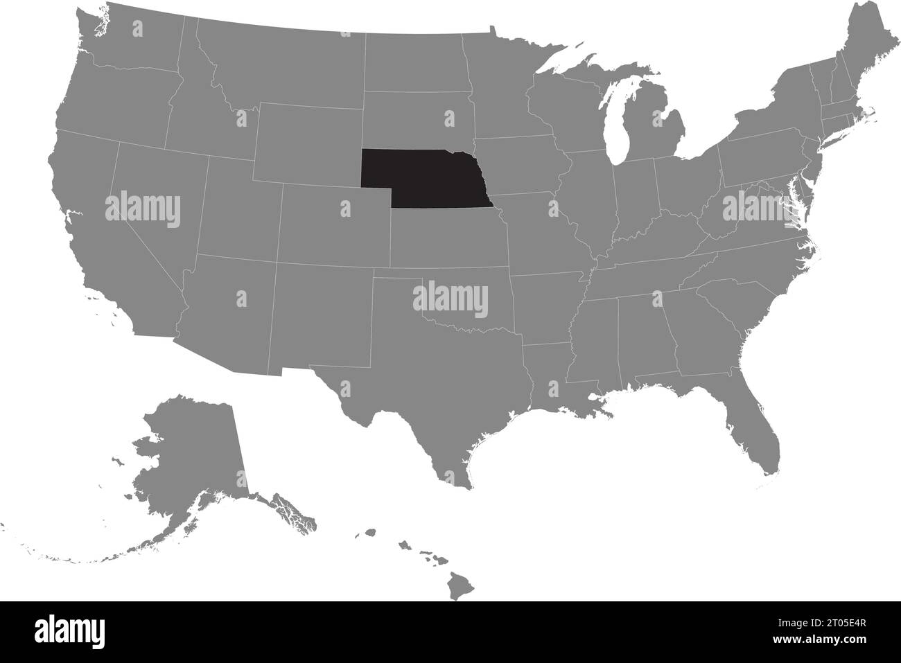 Schwarze CMYK-Bundeskarte von NEBRASKA in detaillierter grauer, leerer politischer Karte der Vereinigten Staaten von Amerika auf transparentem Hintergrund Stock Vektor