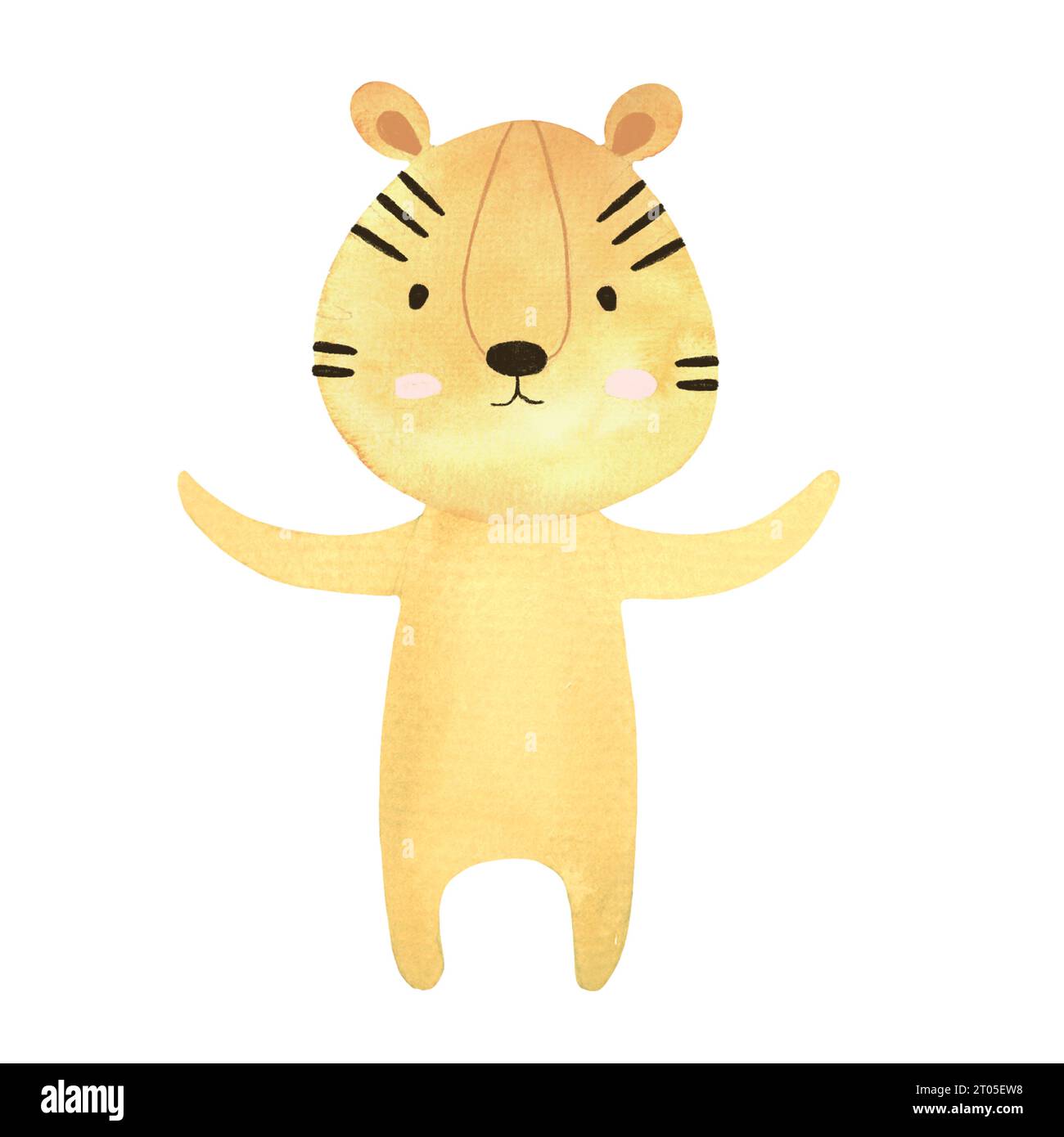 tiger Aquarell in einem minimalistischen Stil für Kinderillustration gemalt, Bekleidungsdruck, niedlicher einfacher Tiger, Nase, Kopf, Pfoten, Streifen, Augen Stockfoto