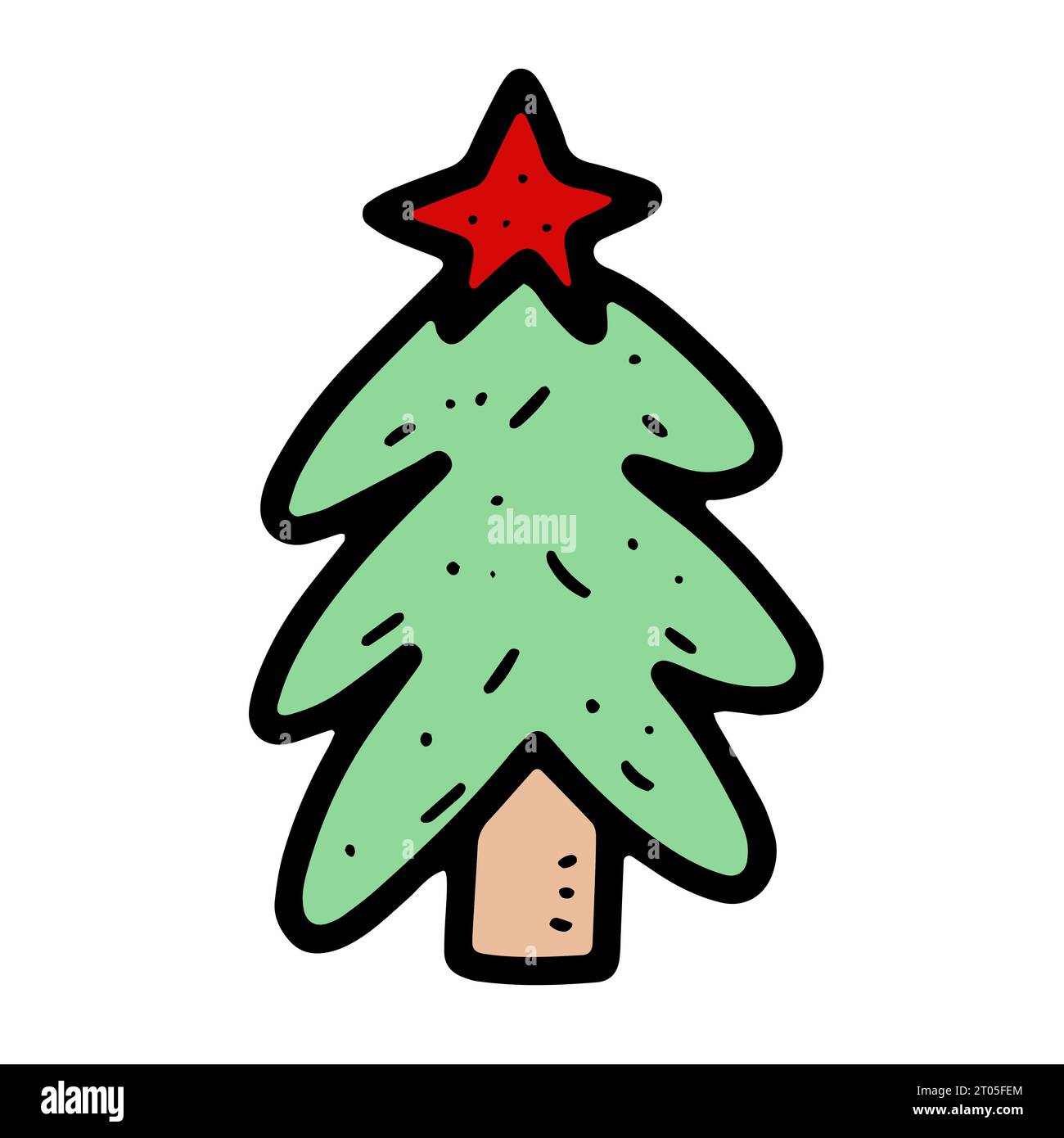 Vektor gemütliche Doodle Baum Illustration. Handgezeichneter Tannenbaum auf weißem Hintergrund. Farbige skandinavische Fichte mit Stern. Frohes Neues Jahr, Frohe Weihnachten Stock Vektor