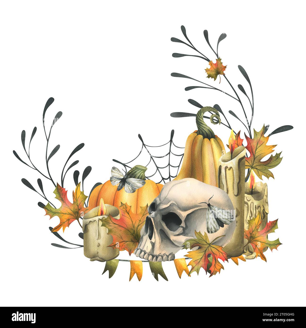 Menschlicher Schädel mit orangen Kürbissen, Kerzen, Nachtfalter, Spinnweben und Herbstblättern. Handgezeichnete Aquarellillustration für Halloween und Day of the Stockfoto