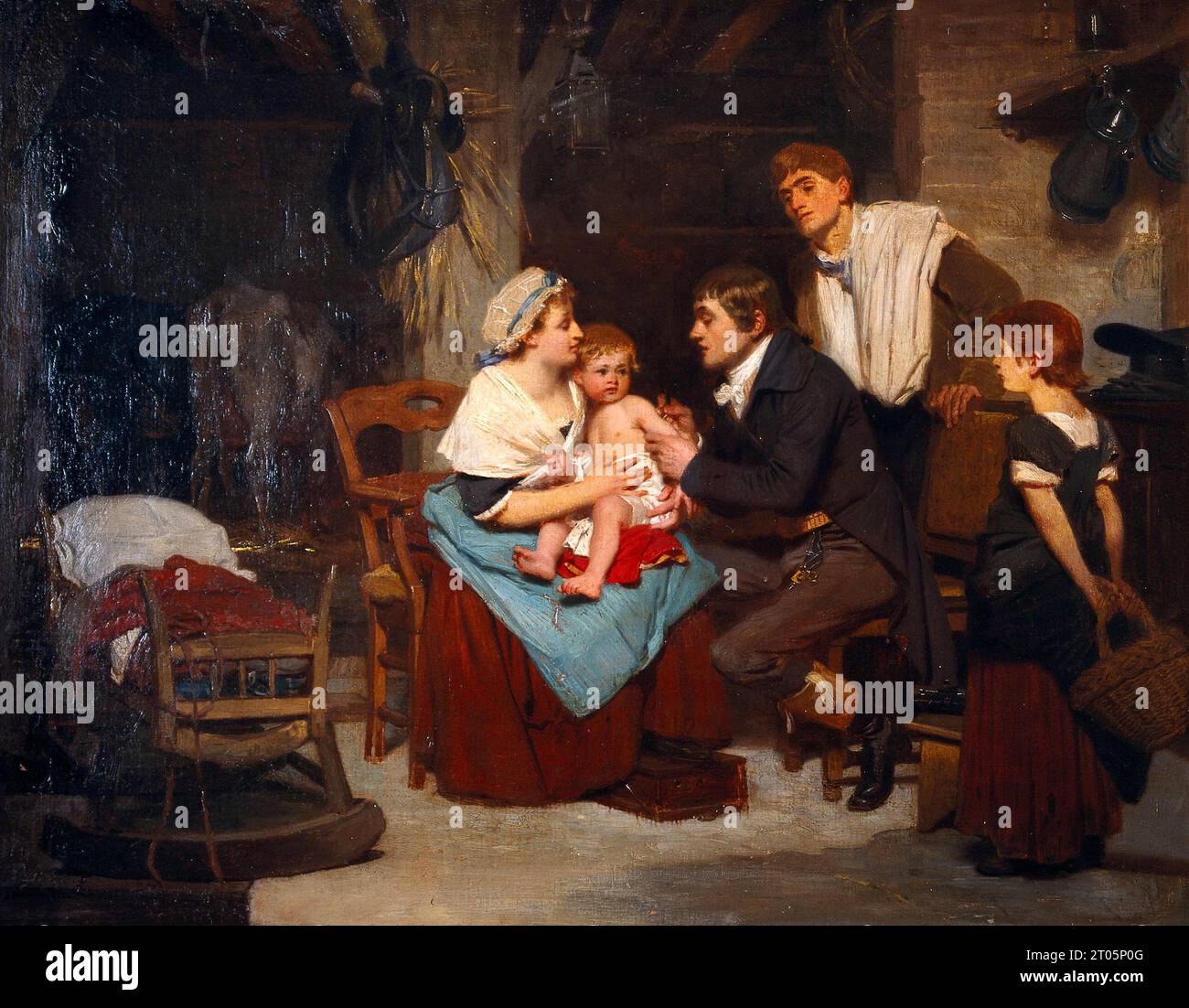Edward Jenner, der 1749–1823 einen Jungen impfte, war ein englischer Arzt und Wissenschaftler, der Pionierarbeit beim Konzept von Impfstoffen leistete und den weltweit ersten Impfstoff gegen Pocken schuf. Ölgemälde des französischen Künstlers Eugène-Ernest Hillemacher, 1884 Stockfoto