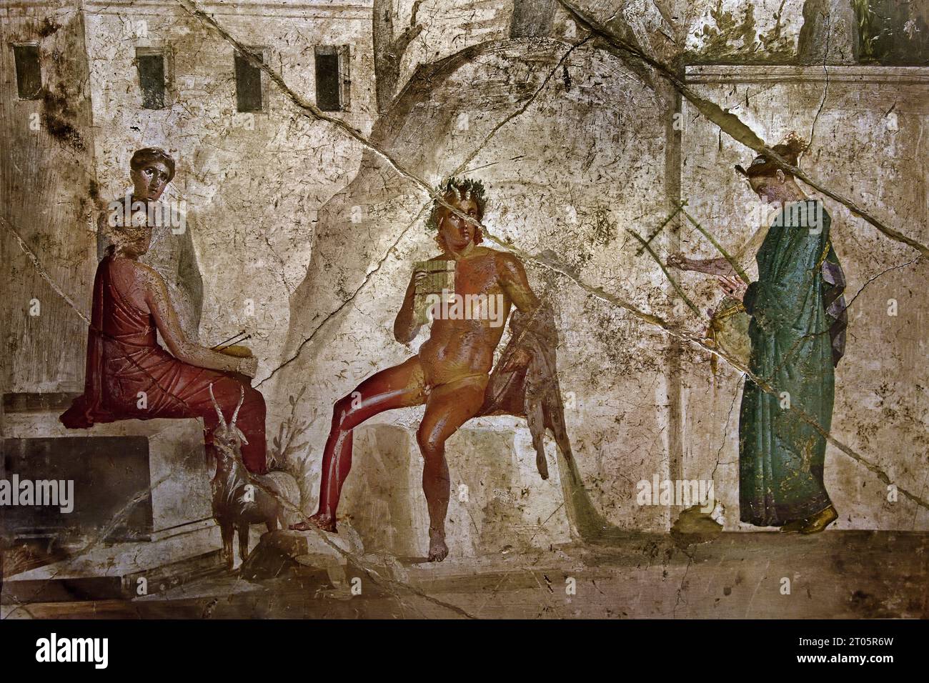 Pan spielt die Doppelflöte, eine Nymphe spielt die Leier und zwei andere Nymphen begleiten sie. House of Jason (20-25). Die römische Stadt Fresco Pompeji befindet sich in der Nähe von Neapel in der Region Kampanien in Italien. Pompeji wurde bei der Eruption des Vesuvs 79 n. Chr. unter 4-6 m vulkanischer Asche und Bimsstein begraben. Italien Stockfoto