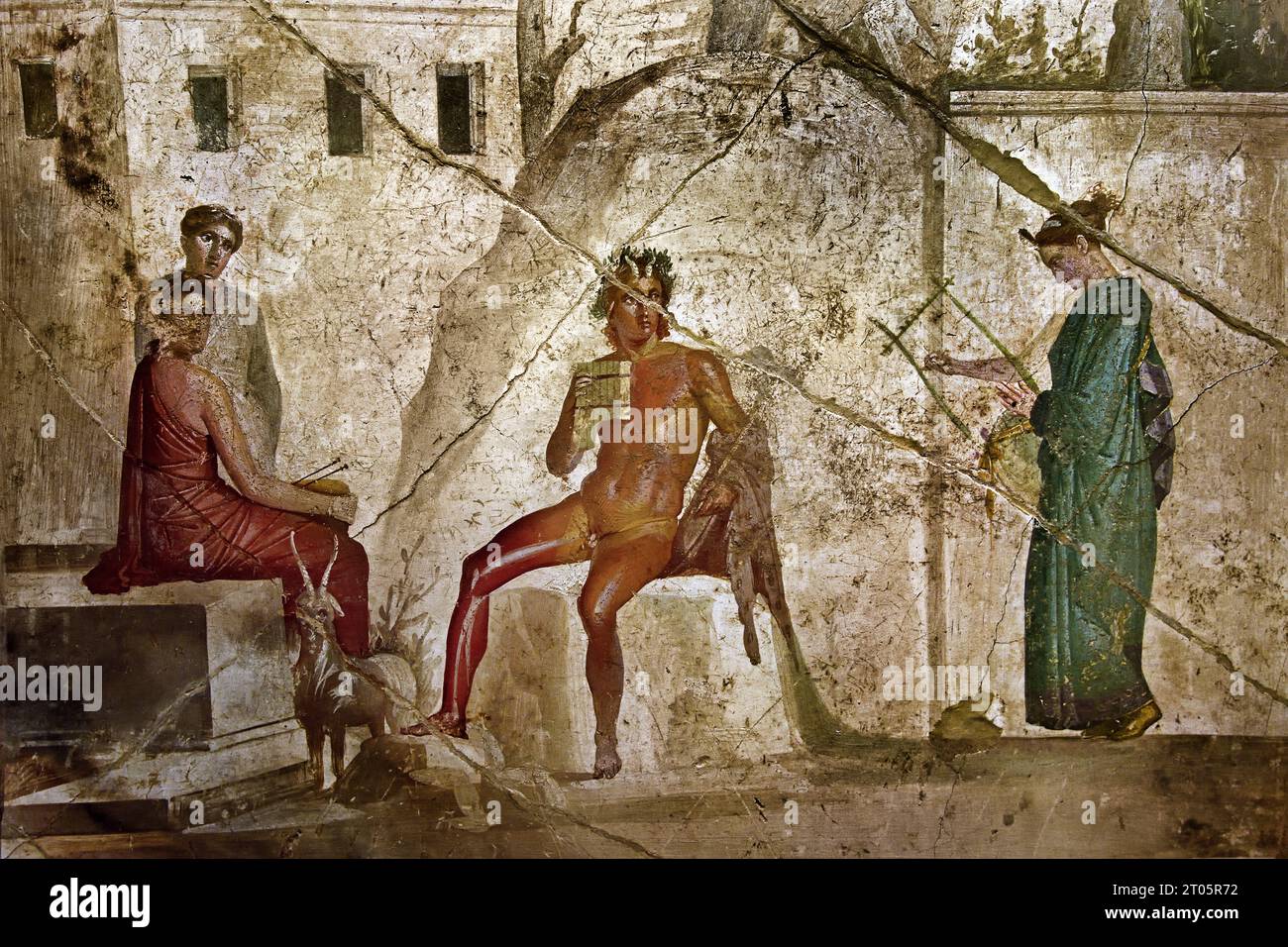 Pan spielt die Doppelflöte, eine Nymphe spielt die Leier und zwei andere Nymphen begleiten sie. House of Jason (20-25). Die römische Stadt Fresco Pompeji befindet sich in der Nähe von Neapel in der Region Kampanien in Italien. Pompeji wurde bei der Eruption des Vesuvs 79 n. Chr. unter 4-6 m vulkanischer Asche und Bimsstein begraben. Italien Stockfoto
