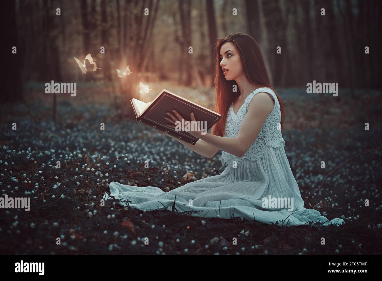 Das schöne Mädchen öffnet ein magisches Buch Stockfoto