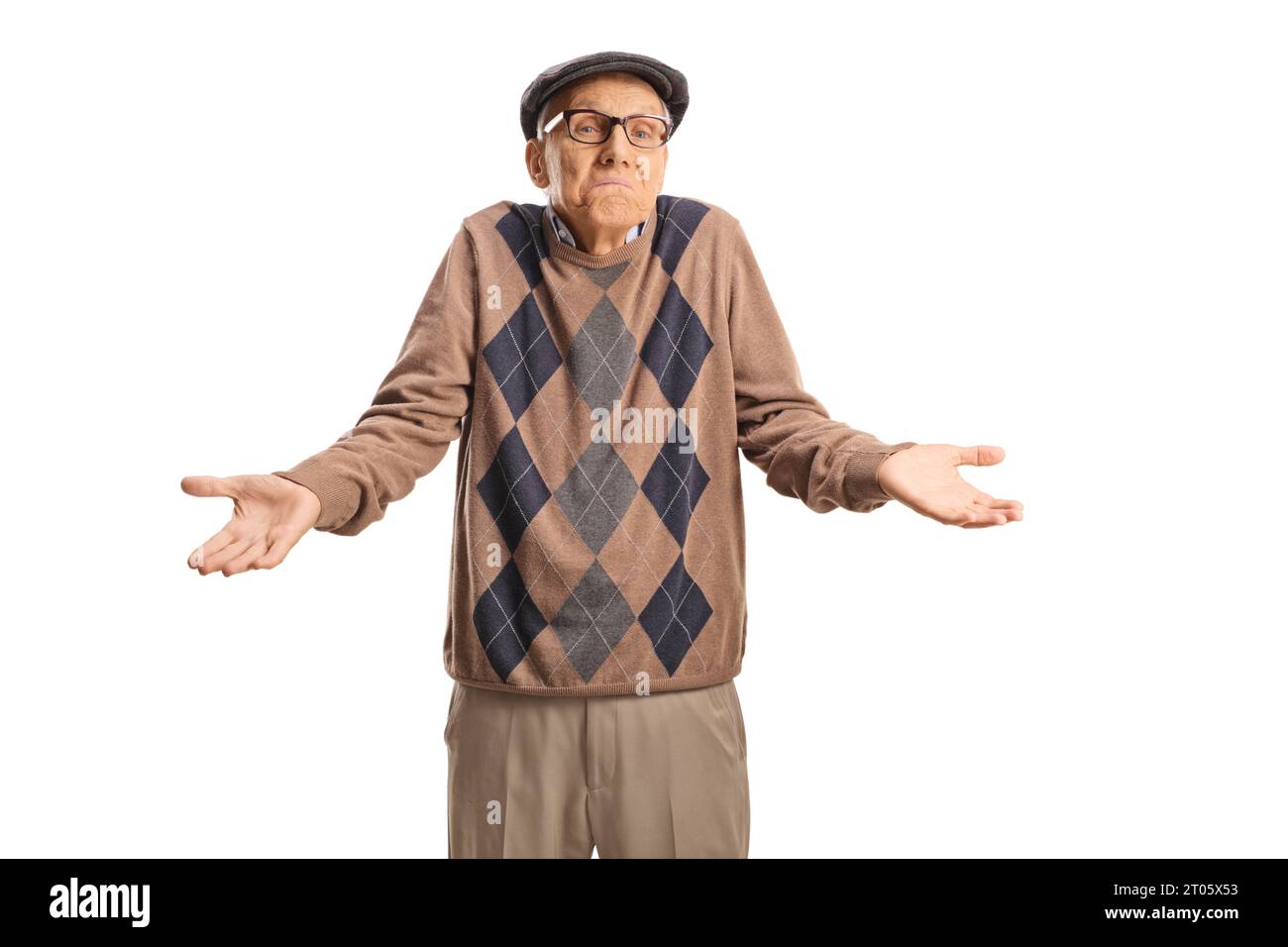 Verwirrter älterer Mann, der isoliert auf weißem Hintergrund fragt Stockfoto