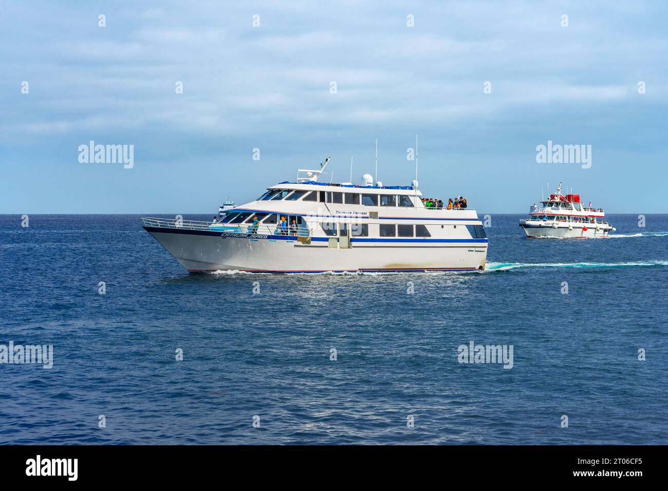 Avalon, CA, USA - 13. September 2023: Schiffe des Catalina Express und der Island Explorer fahren auf dem Pazifik vor der Küste von Santa Catalina IS Stockfoto