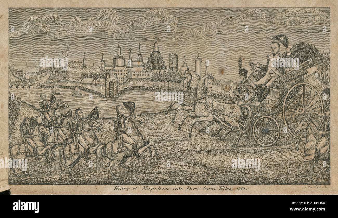 Antike Gravur von 1822, der Eintritt Napoloens in Paris von Elba im Jahre 1814. Bild aus „Memoirs of the Military and Political Life of Napoleon Bonaparte“ von Dr. B. E. O’Meara, veröffentlicht für Chauncey Goodrich aus Hartford, Connecticut. QUELLE: ORIGINALGRAVUR Stockfoto