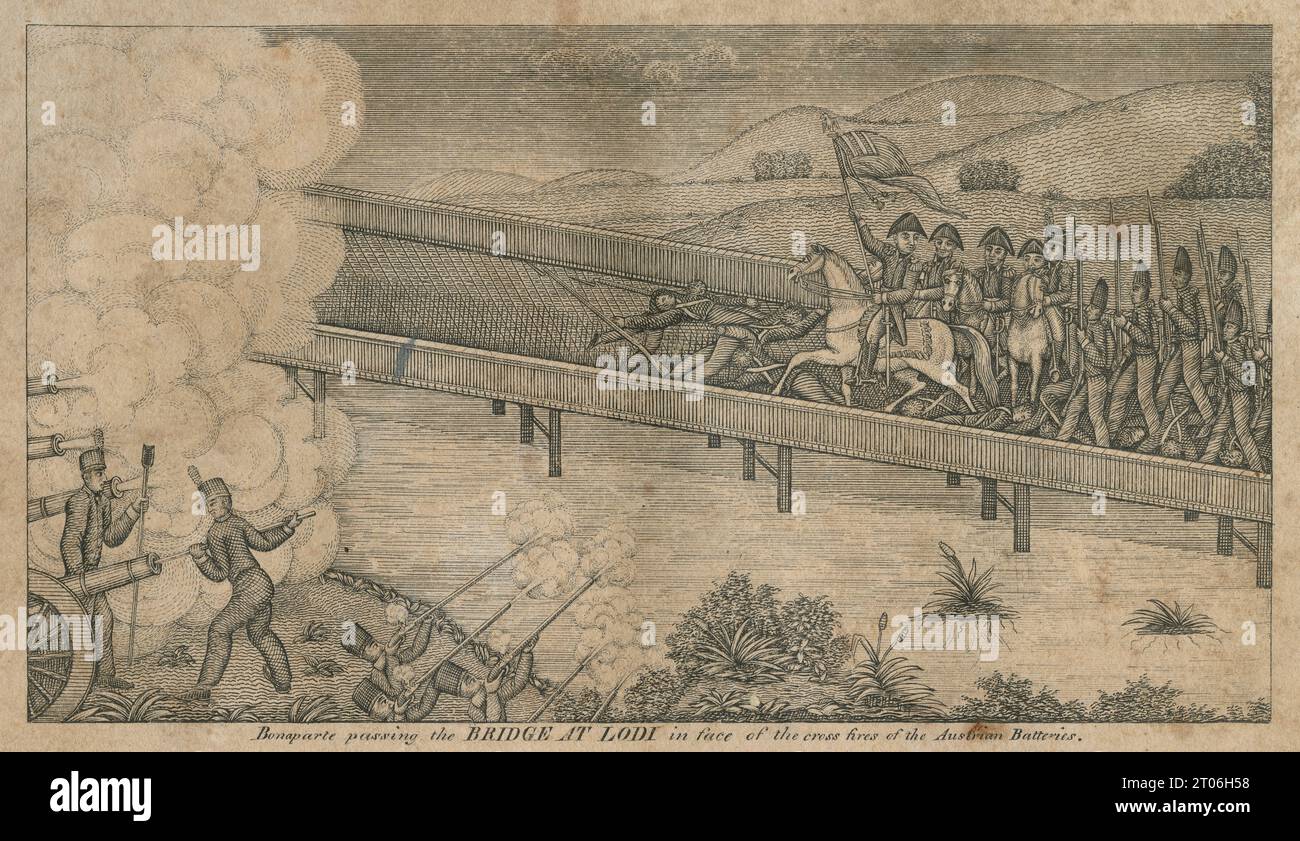 Antike Gravur von 1822, Bonaparte überquert die Brücke bei Lodi vor den Kreuzfeuern der österreichischen Batterien im Jahr 1796. Bild aus „Memoirs of the Military and Political Life of Napoleon Bonaparte“ von Dr. B. E. O’Meara, veröffentlicht für Chauncey Goodrich aus Hartford, Connecticut. QUELLE: ORIGINALGRAVUR Stockfoto