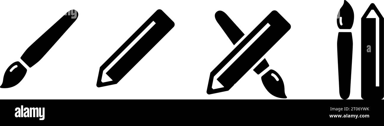 Pinsel und Bleistift Symbol Kunst Zeichnung Ausrüstung Vektor Illustration Icon Set Stock Vektor