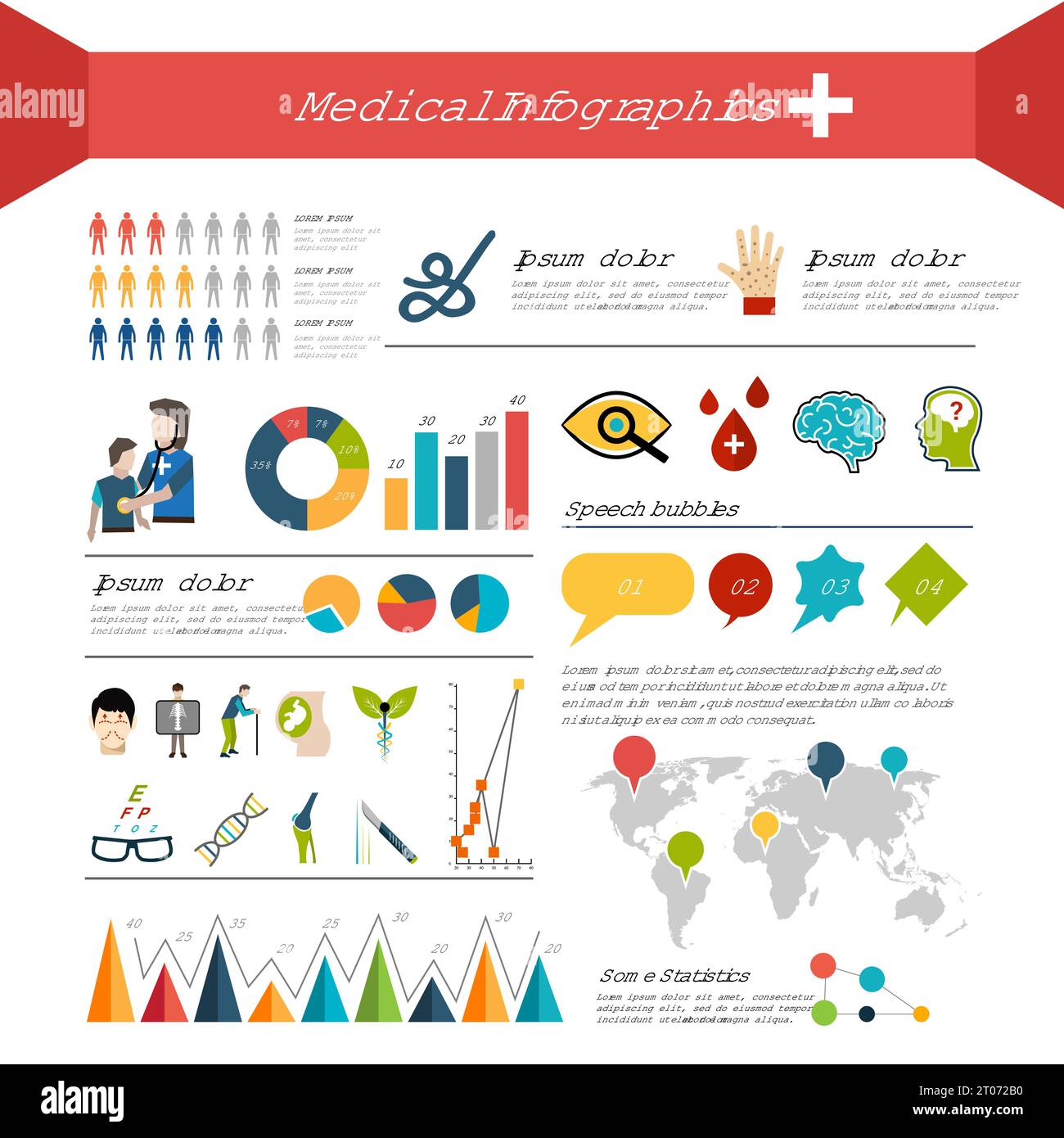 Medizinische Infografiken mit Symbolen für die menschliche Anatomie und Vektordarstellung auf der Weltkarte Stock Vektor