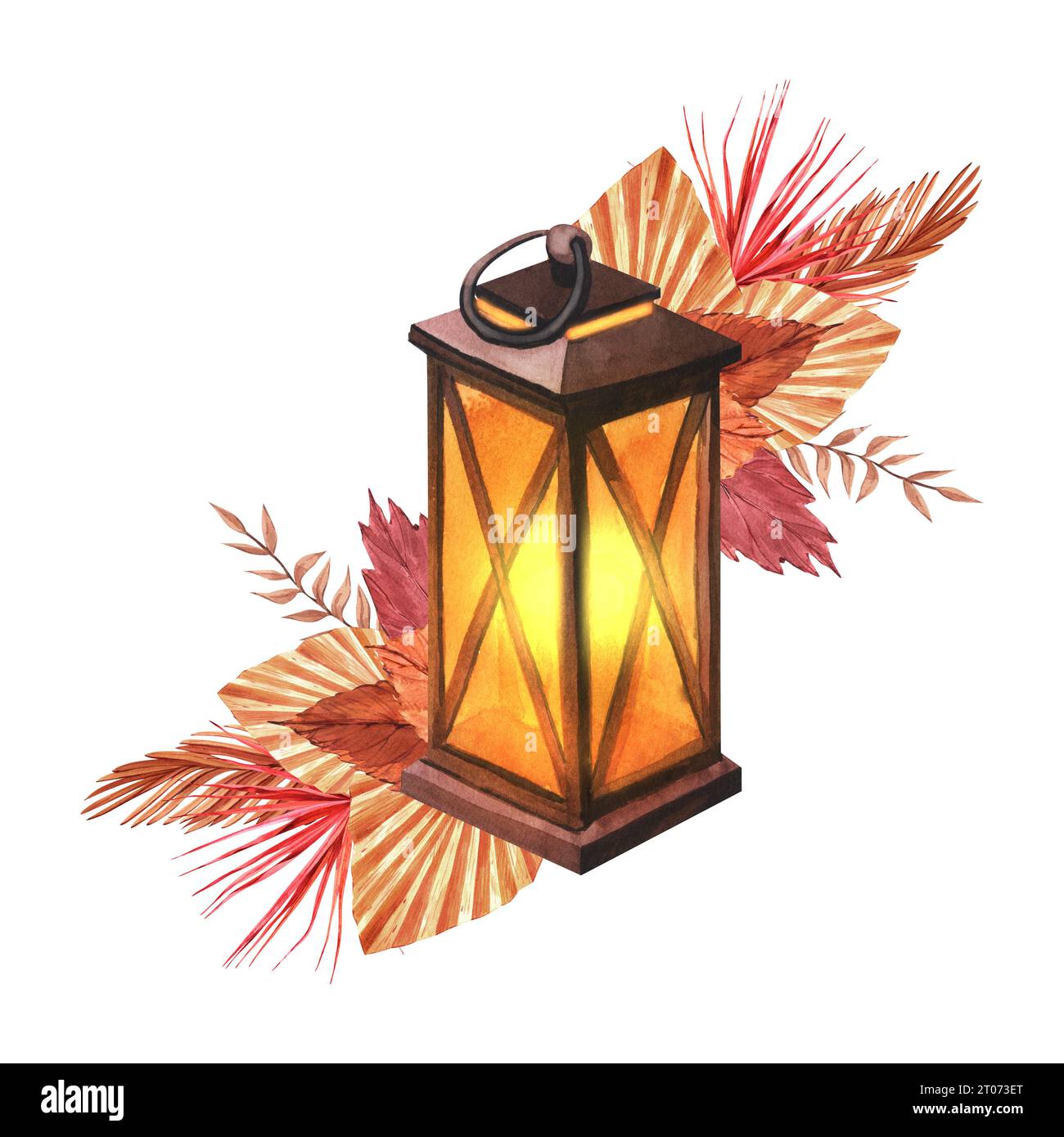 Vintage-Lampe in Wasserfarben mit Kerze und Blumen, Blättern. Handgezeichnete Illustration isoliert auf weißem Hintergrund. Perfekt für Karte oder Vorlage Stockfoto