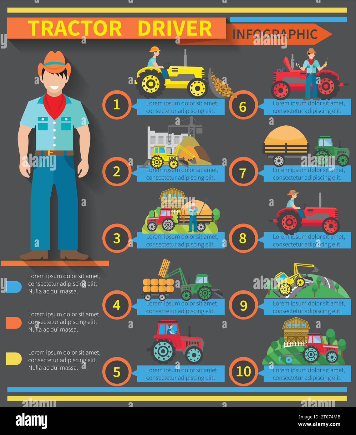 Infografiken für Traktorfahrer mit Symbolen für Landwirtschaftsmaschinen und Baumaschinen Vektorillustration Stock Vektor