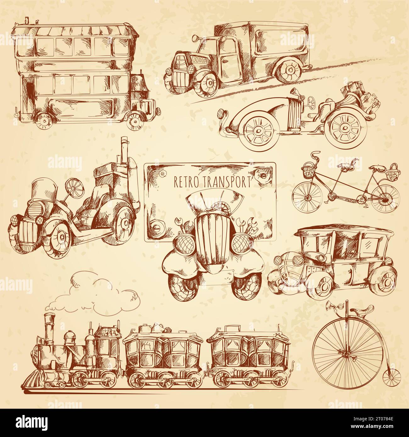 Vintage Transport Steampunk Fahrzeuge Skizze dekorative Symbole Set isoliert Vektor Illustration Stock Vektor