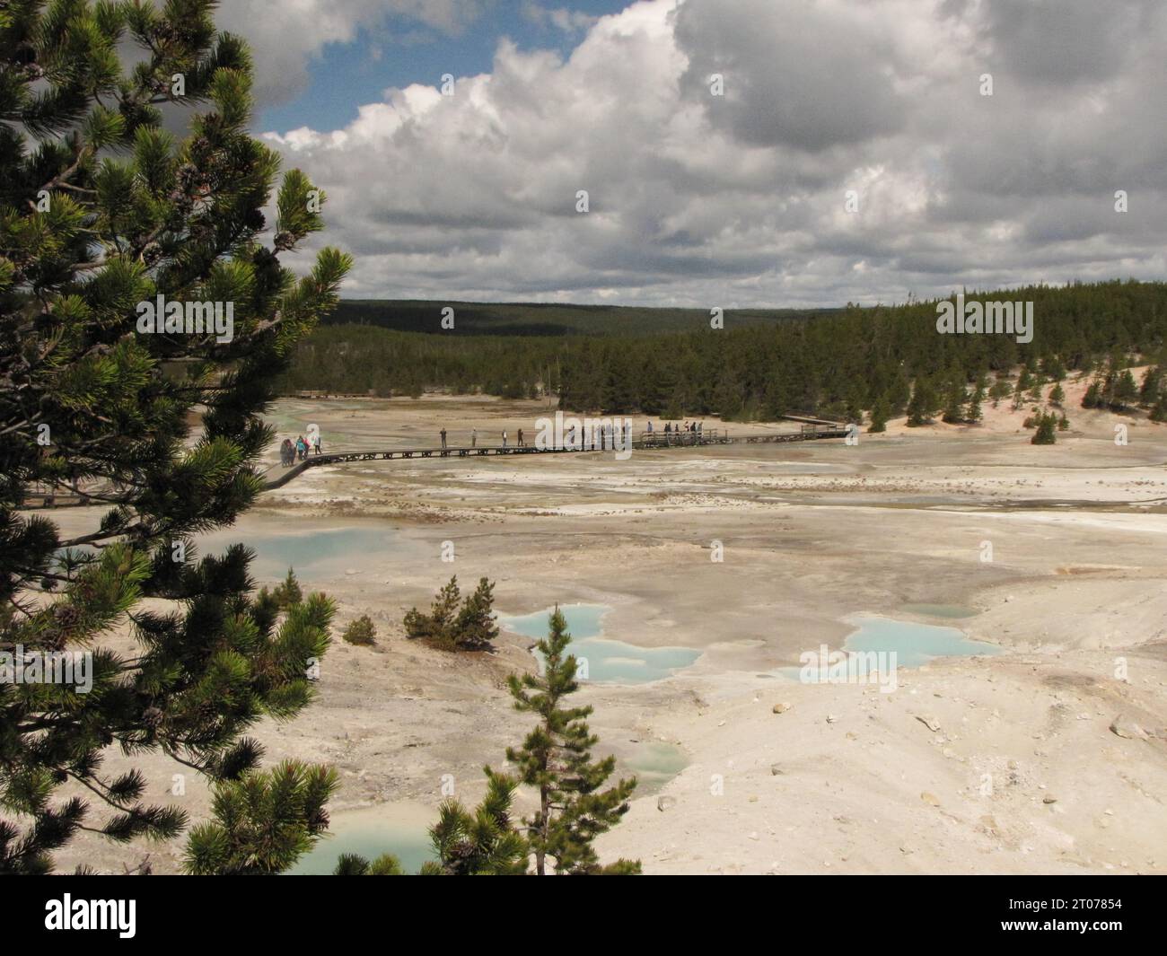 Herrlicher Blick auf das große Geysirbecken im Yellowstone-Nationalpark. Lange Stege für Sicherheit, Dampfaufgang und die türkisfarbene Farbe des kochenden Wassers. Stockfoto