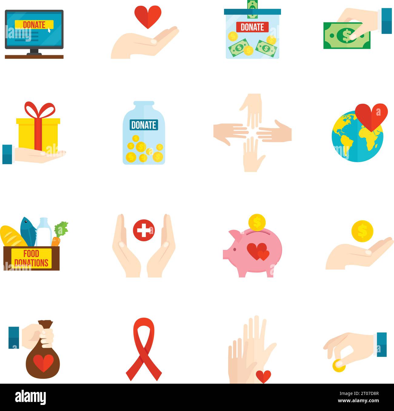 Charity und Relief Freiwillige Hilfe Symbole flat set isoliert Vektor Illustration Stock Vektor