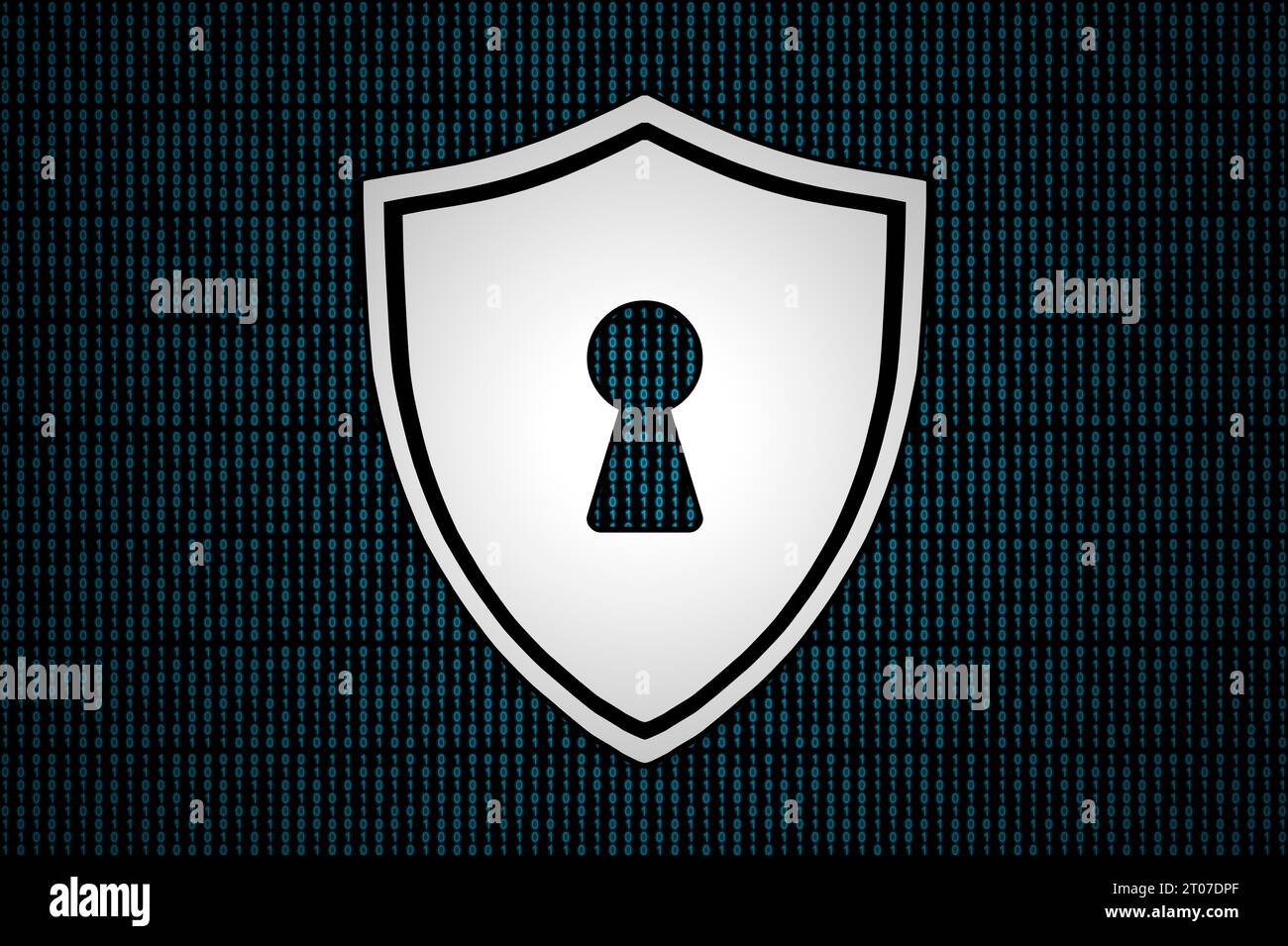 Weißes Cybersicherheitsschild auf blauem Hintergrund für Binärcode. Stockfoto