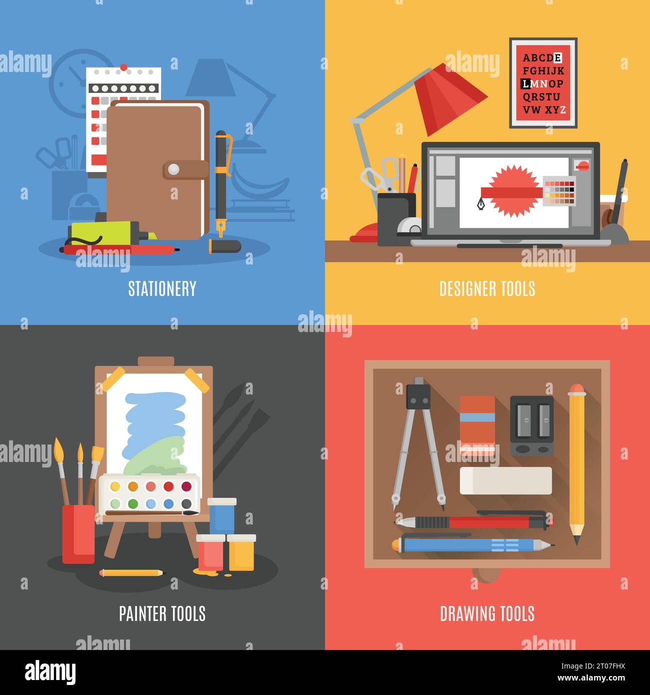 Zeichenmaler und Designer-Werkzeuge flache Farbe Icon Set isolierte Vektor-Illustration Stock Vektor
