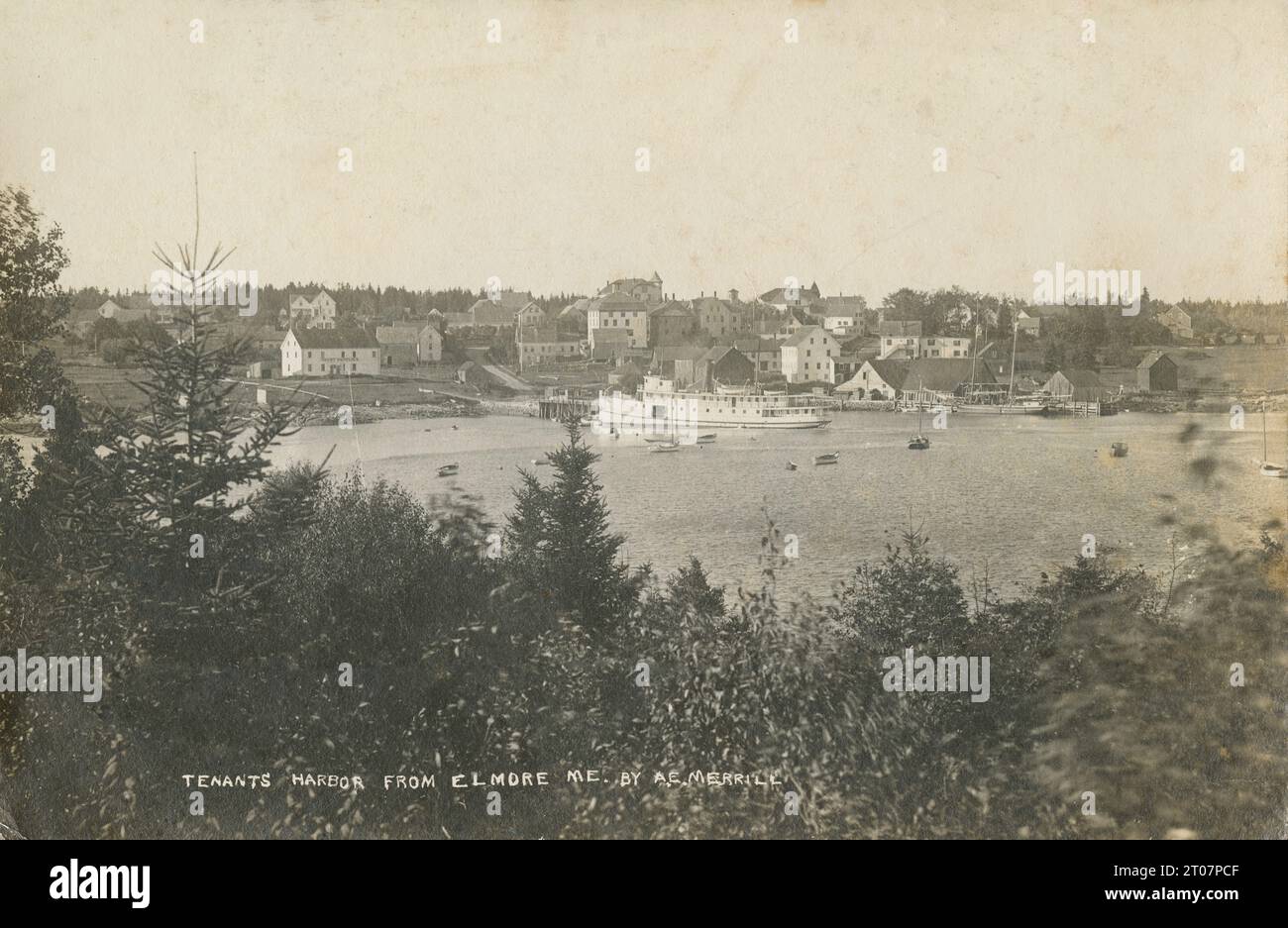 Antikes Foto aus den 1920er Jahren, Pächter Harbor, St. George, Maine aus Elmore, Maine von A. E. Merrill. QUELLE: ORIGINALFOTO Stockfoto