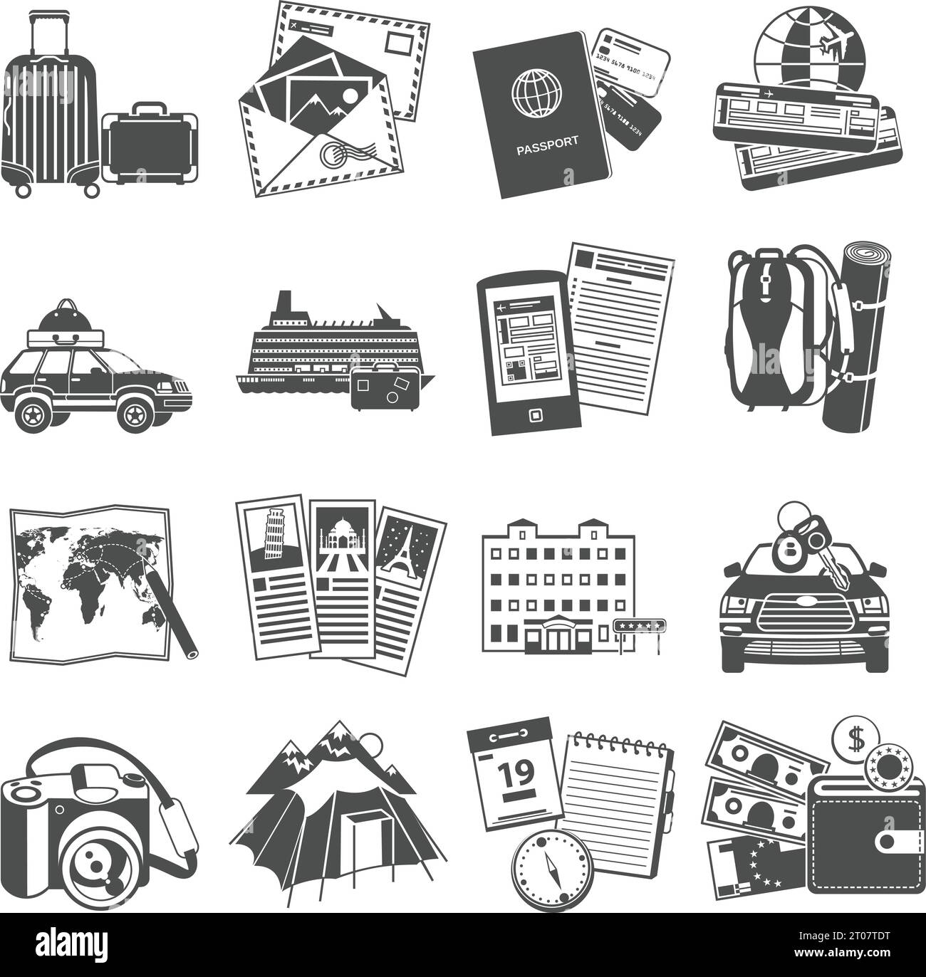 Sommerurlaub Reise Symbole Satz von Transport-und Sightseeing-Guide-Karte schwarz abstrakt isoliert Vektor-Illustration Stock Vektor