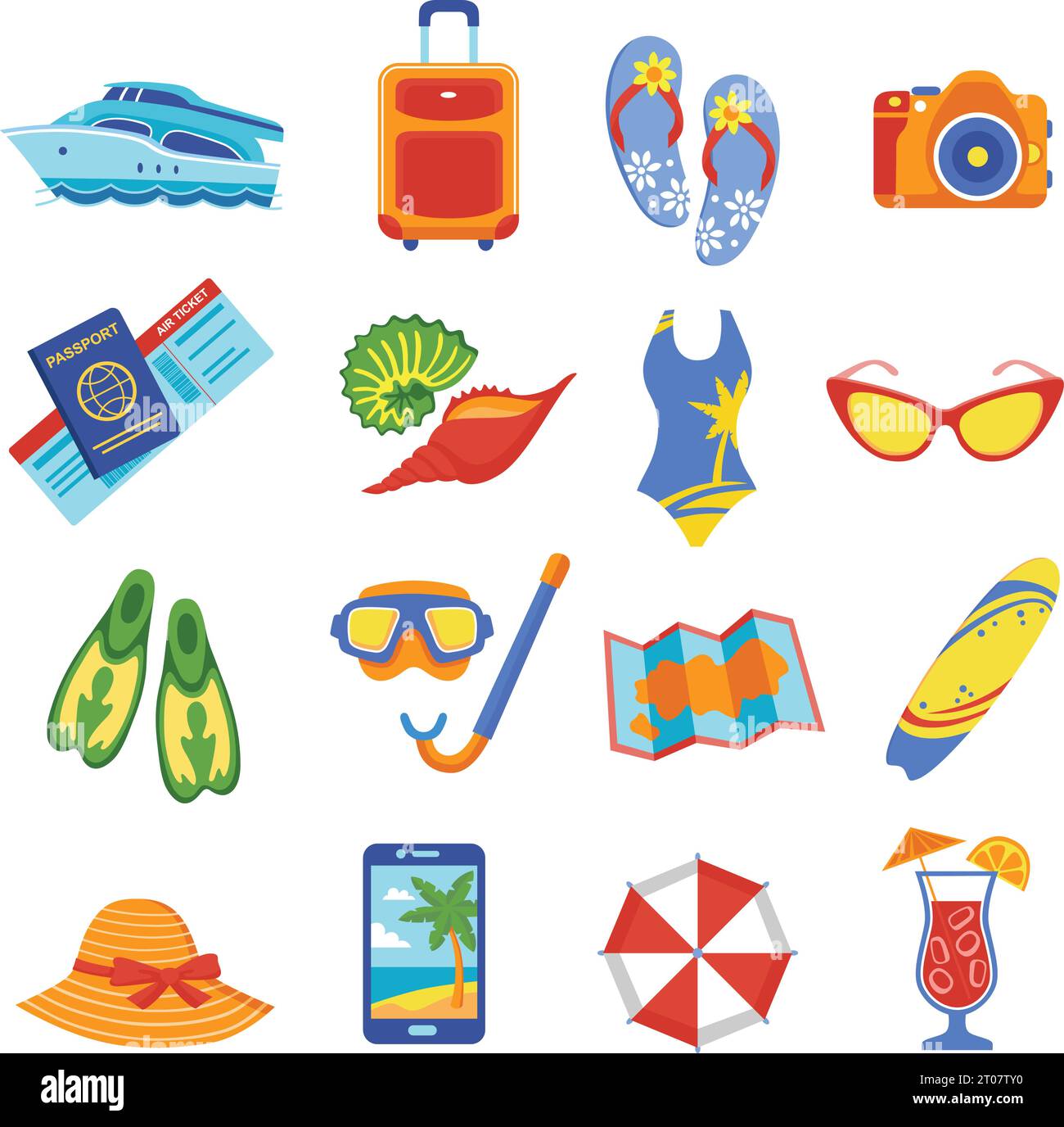 Sommerurlaub tropischen Strandurlaub flache Ikonen mit Tauchen Schnorchel Maske Flossen Ausrüstung abstrakte Vektor Illustration gesetzt Stock Vektor