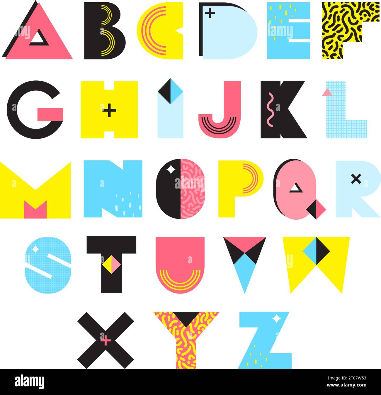 Buntes Alphabet im memphis-Stil mit Texturen und Ornamenten helle geometrische Elemente isoliert Vektor-Illustration Stock Vektor