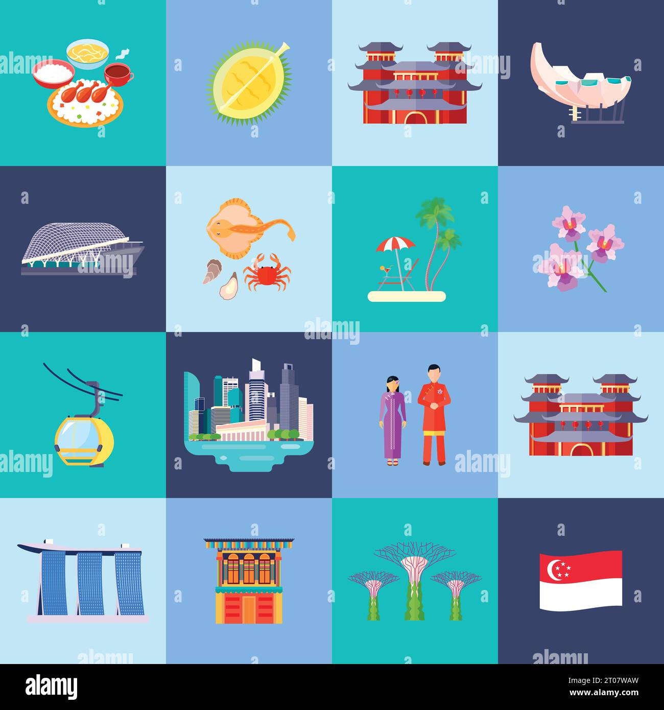 Singapur Kultur farbige flache Ikone mit Hauptattraktionen in kleinen Kreisen Vektor-Illustration gesetzt Stock Vektor
