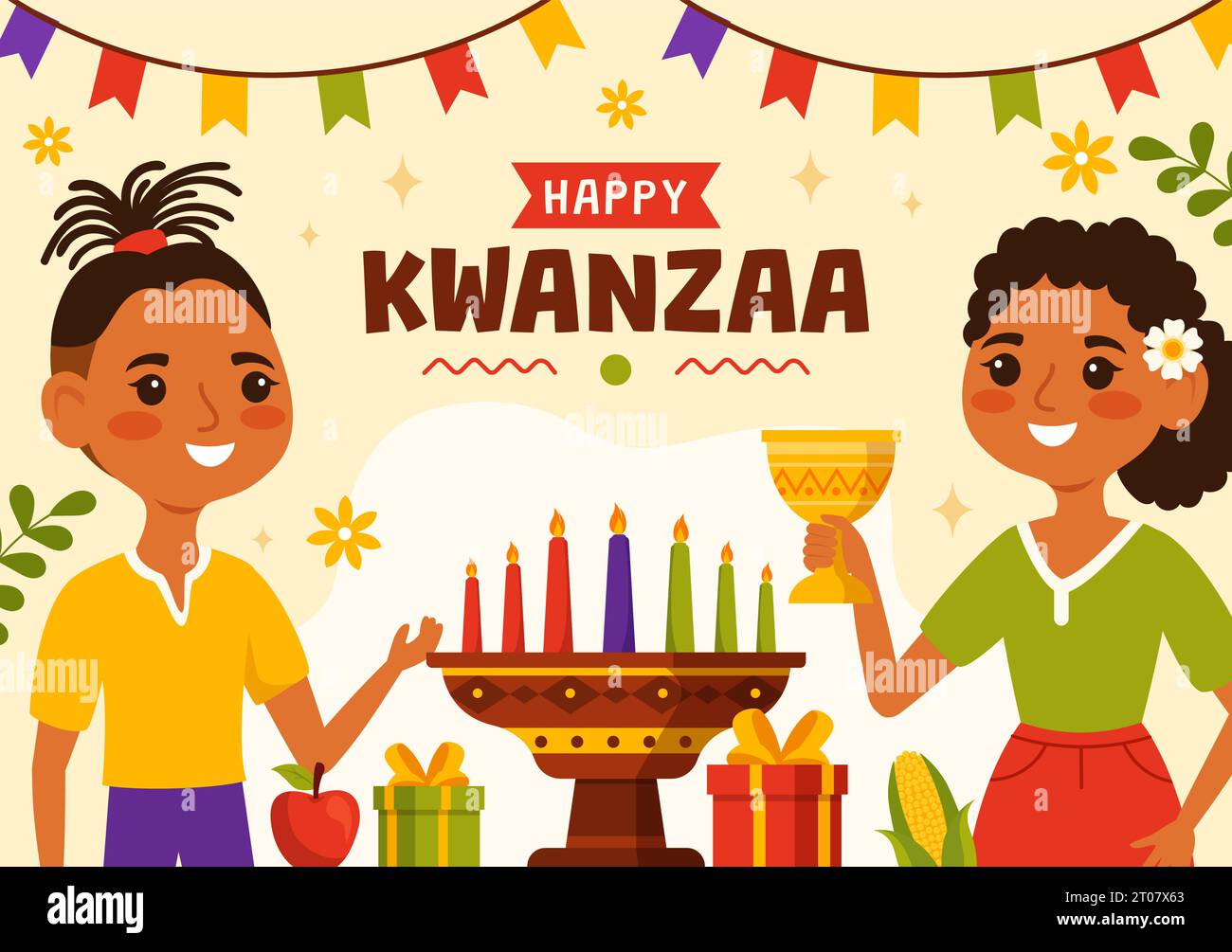 Glückliche Kwanzaa Vektor-Illustration mit Mazao, Zawadi, Mkeka, Kinara, Geschenke, Tasse, Kerzen im traditionellen Feiertag afrikanischen Symbol flache Zeichentrickhintergrund Stock Vektor