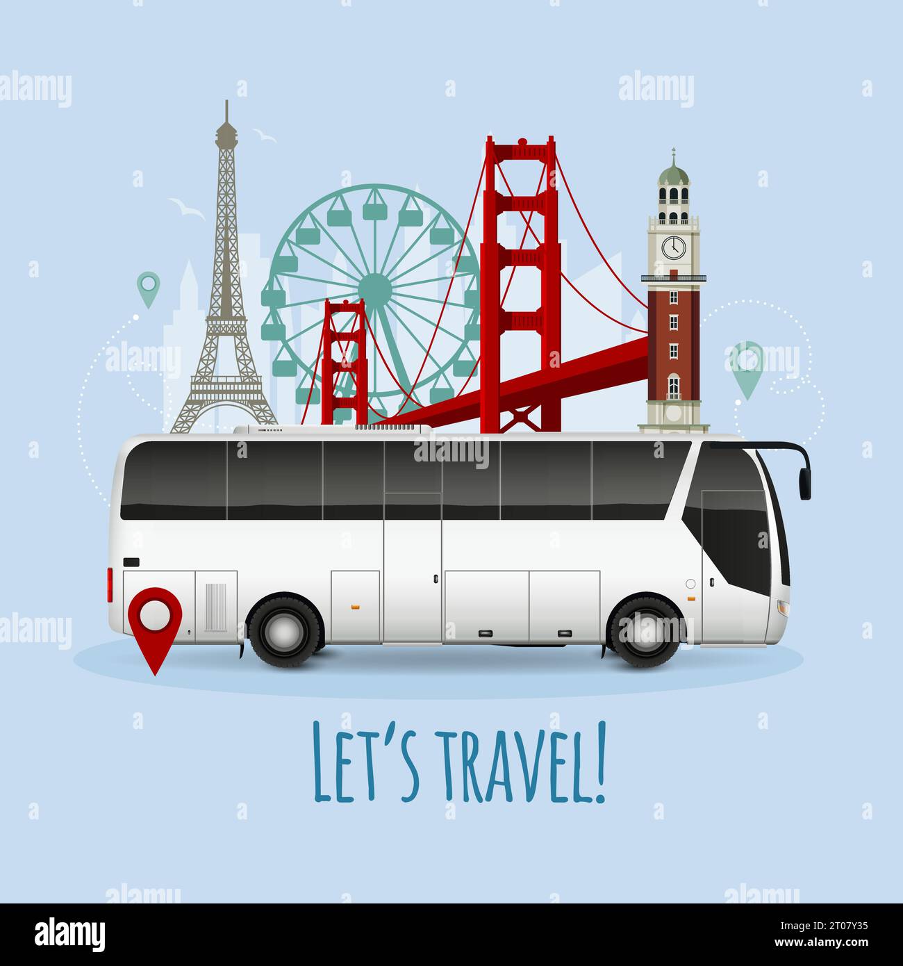 Realistischer Touristenbus mit europäischen Wahrzeichen wie eiffelturm und Riesenrad auf blauem Hintergrund Vektorgrafik Stock Vektor