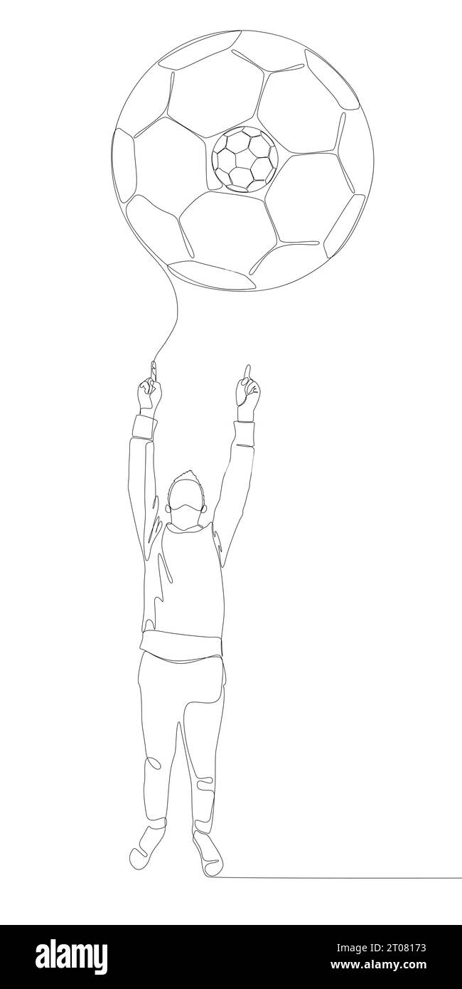 Eine durchgehende Linie eines Mannes, der mit dem Finger auf den Fußball zeigt. Vektorkonzept für die Darstellung dünner Linien. Konturzeichnung kreative Ideen. Stock Vektor