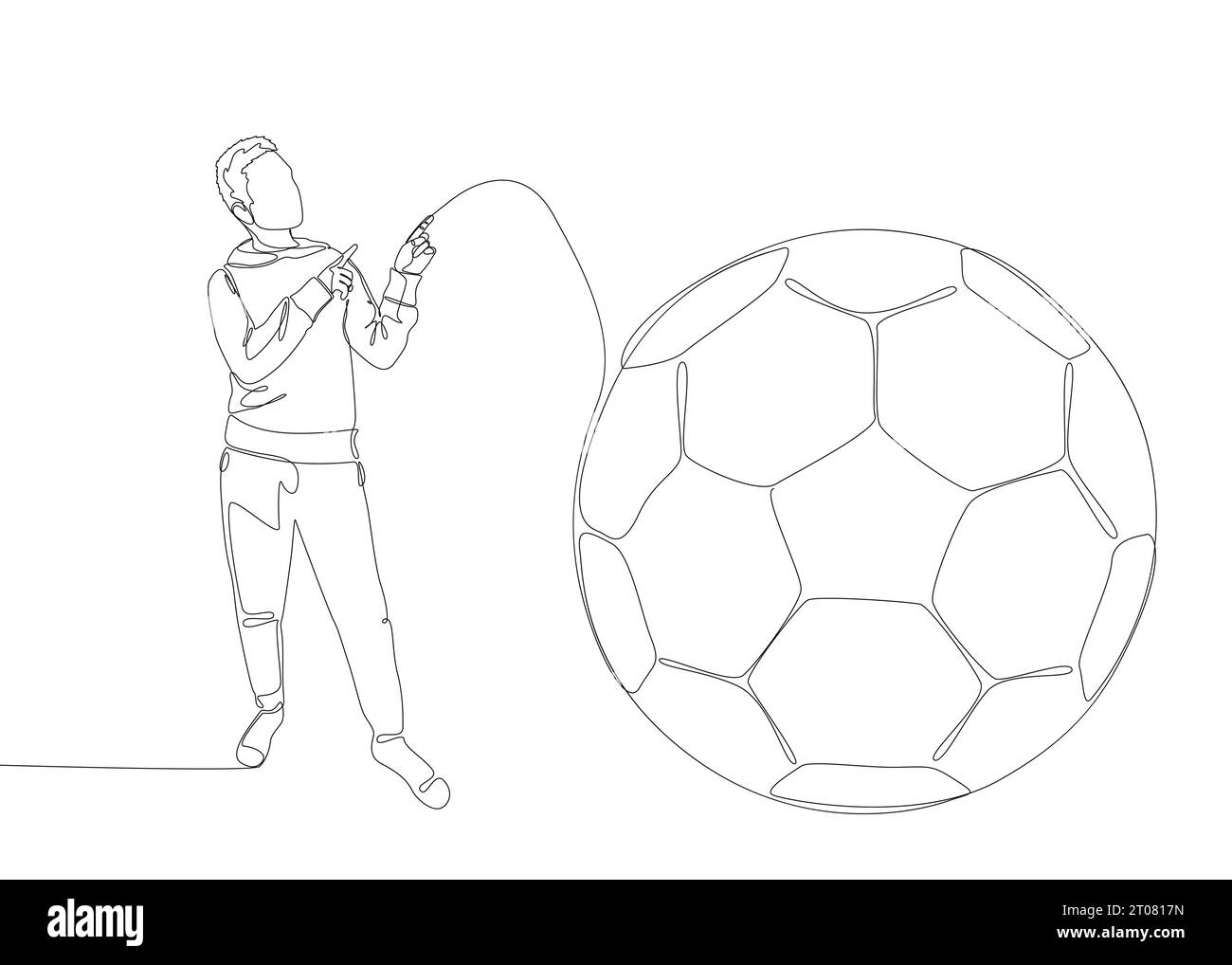 Eine durchgehende Linie eines Mannes, der mit dem Finger auf den Fußball zeigt. Vektorkonzept für die Darstellung dünner Linien. Konturzeichnung kreative Ideen. Stock Vektor