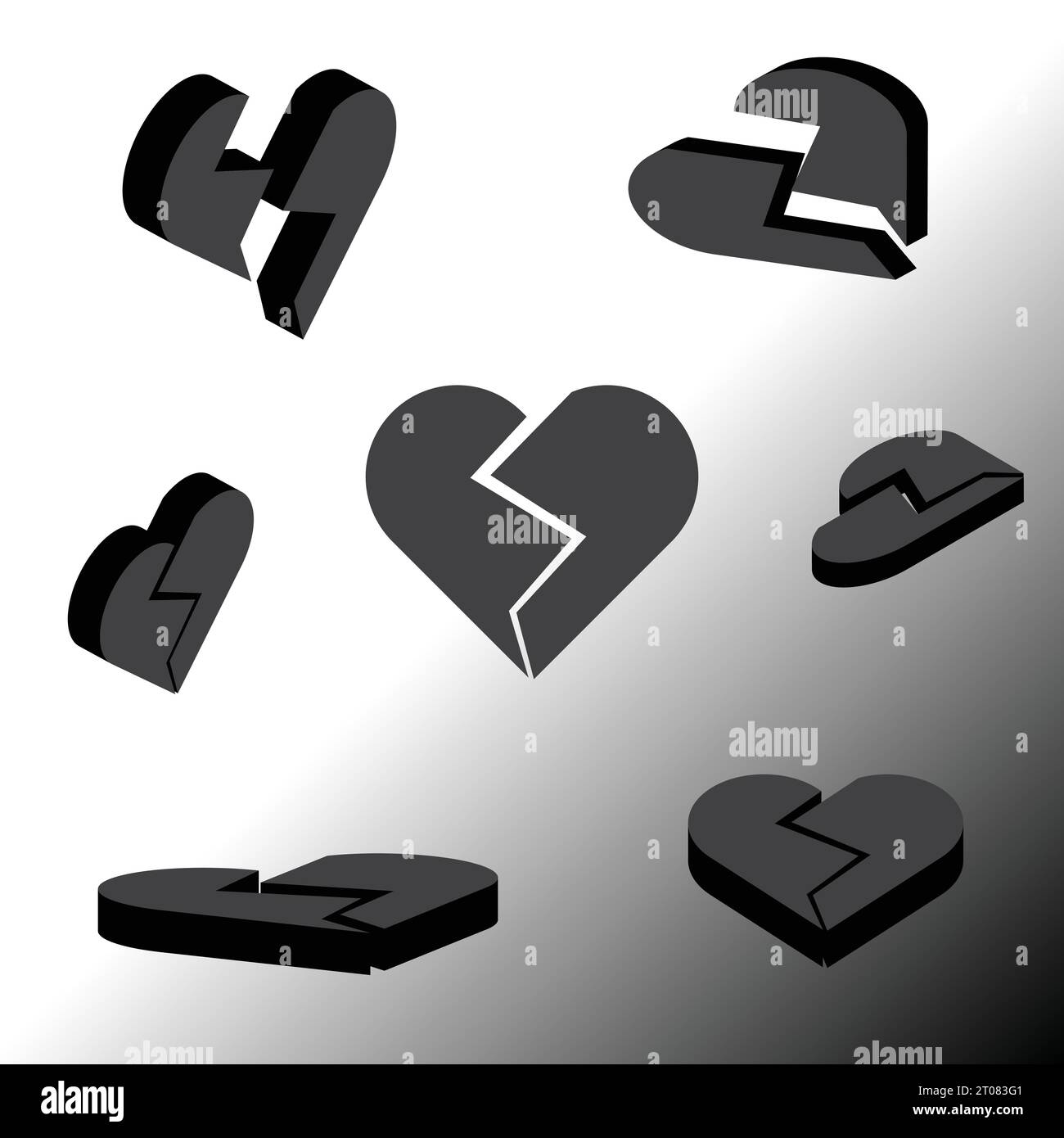 3D gebrochenes schwarzes Herz mit verschiedenen Winkeln, Silhouette Vektor Symbol für Liebe Stock Vektor