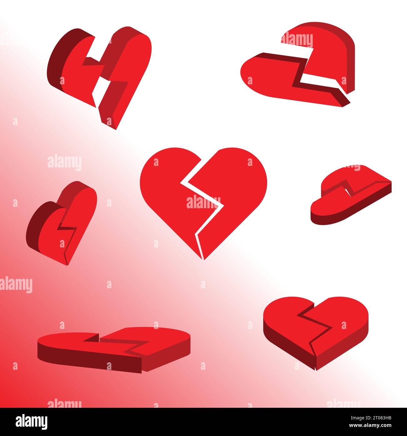 3D gebrochenes rotes Herz mit verschiedenen Winkeln, Vektorsymbol für Liebe Stock Vektor