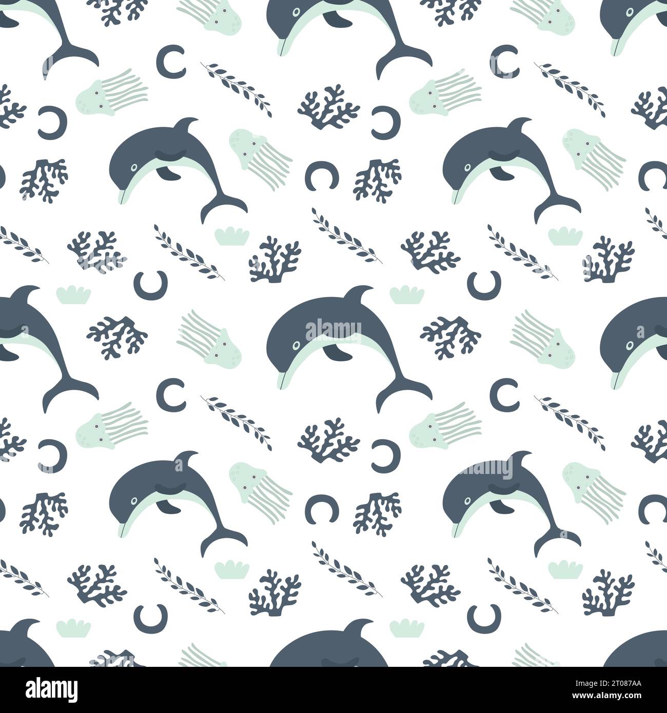 Nahtloses Muster mit Meerestieren. Blauer Delfin im Ozean zwischen Meerespflanzen und Quallen auf weißem Hintergrund. Vektorabbildung. Design für bab Stock Vektor