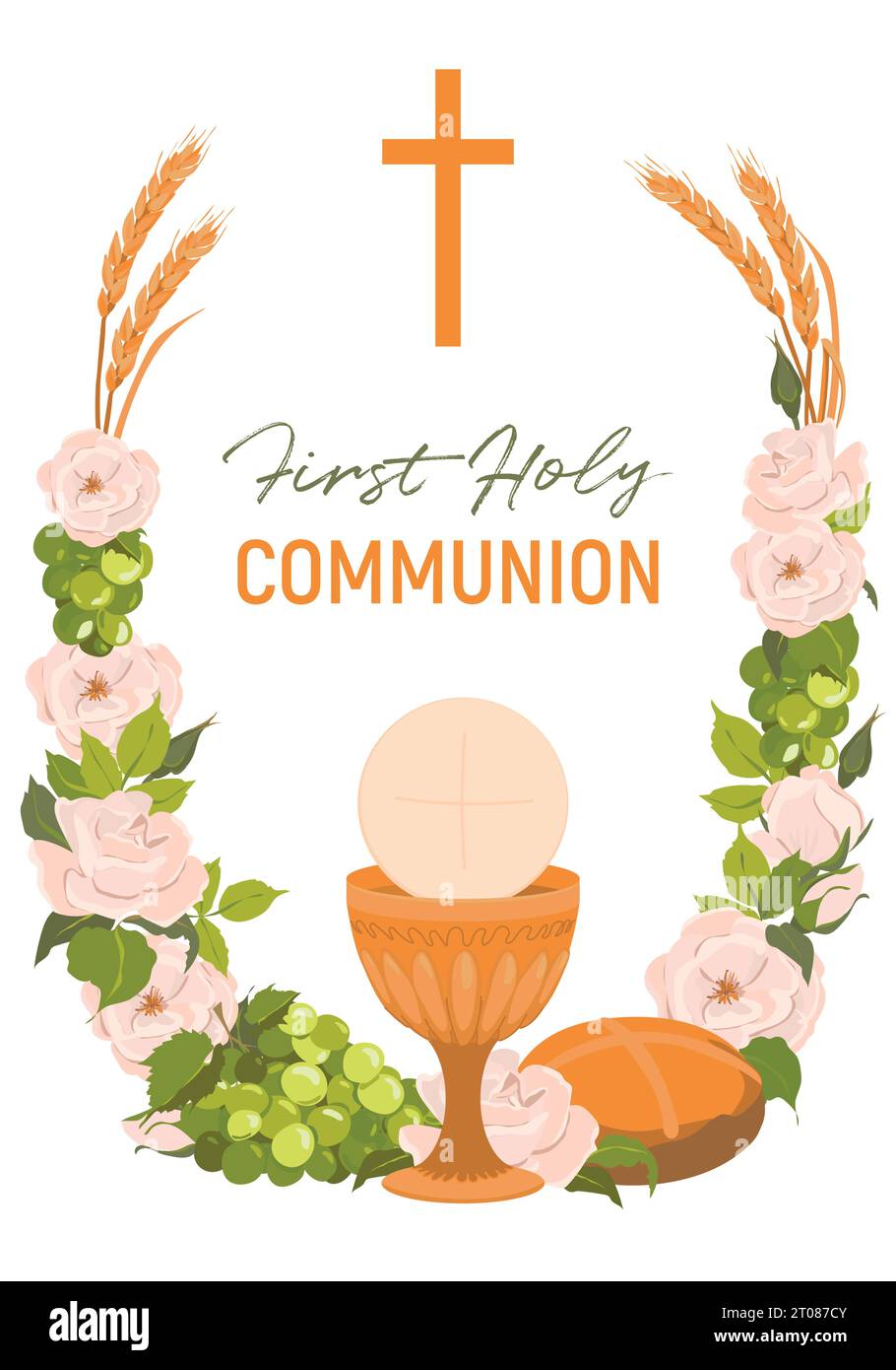 Symbole der ersten Kommunion. Vektor. Goldene Schüssel für Wein, Kruzifix, Brot, Wein, Trauben, weiße Rosen. Eine Einladung zur Eucharistiefeier. Fe Stock Vektor