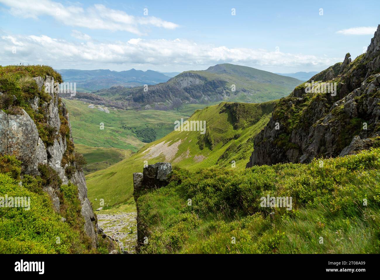 Moel Lefn, Moel yr Ogof und Moel Hebog vom Nantile-Bergrücken aus gesehen Stockfoto