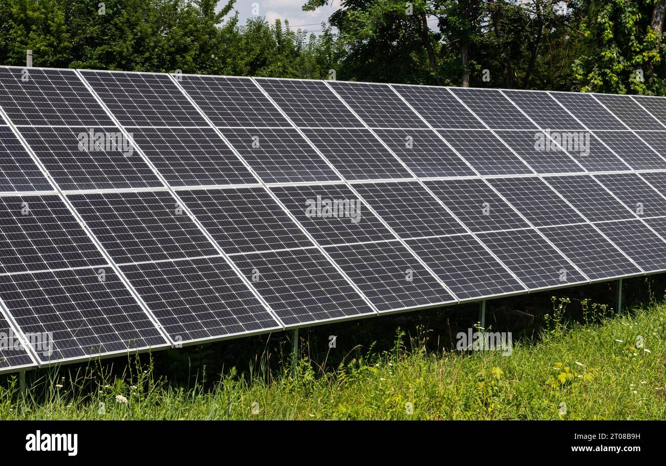 Am Boden installierte Solarpaneele erzeugen im Sommer umweltfreundliche Energie Stockfoto