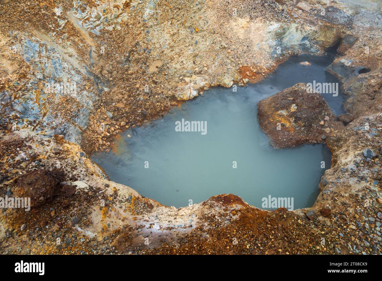 Das geothermische Gebiet von Hveradalir in Island an einem Nebelsommertag Stockfoto