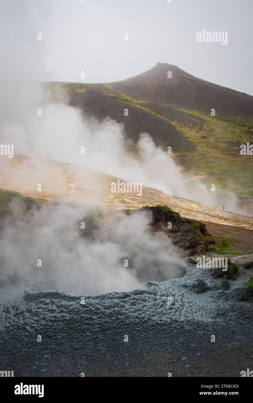 Das geothermische Gebiet von Hveradalir in Island an einem Nebelsommertag Stockfoto