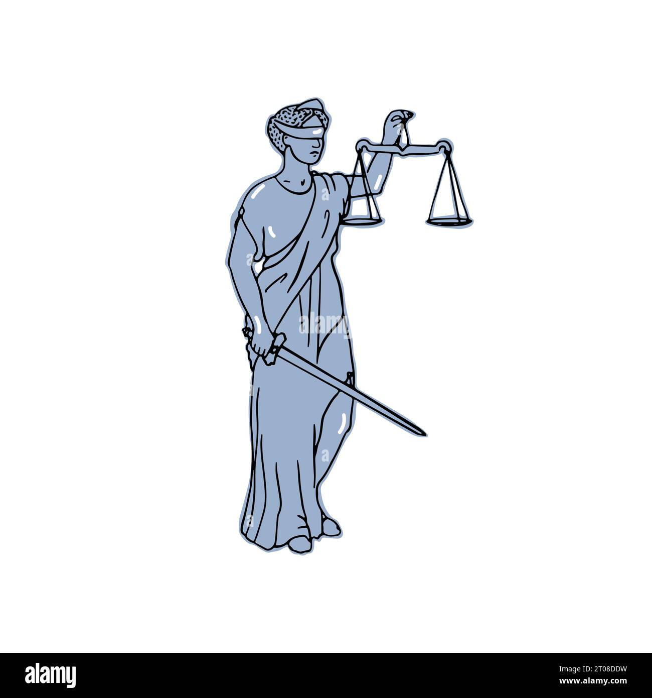 Blaue handgezeichnete Statue der antiken römischen Göttin Lady Justice Stock Vektor