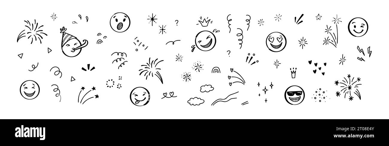 Set mit Skizzenelementen für Geburtstagsfeiern. Niedliche Linie Doodle Emoji, Feuerwerk, Funken, Regenbogen, Sterne, Konfetti. Verzerrte Zeichnungen. Vektorillustraten Stock Vektor