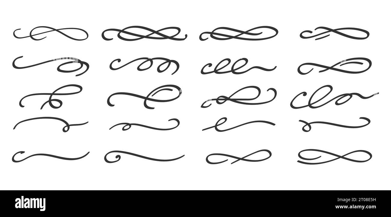 Swoosh und Swoops unterstreichen die Typografie in ihren Schwanzformen doppelt. Bürste zeichnete dicke, geschwungene Ausstriche. Von Hand gezeichnete Sammlung von lockigen Schnörkeln, Schwänzen und Wackeln Stock Vektor