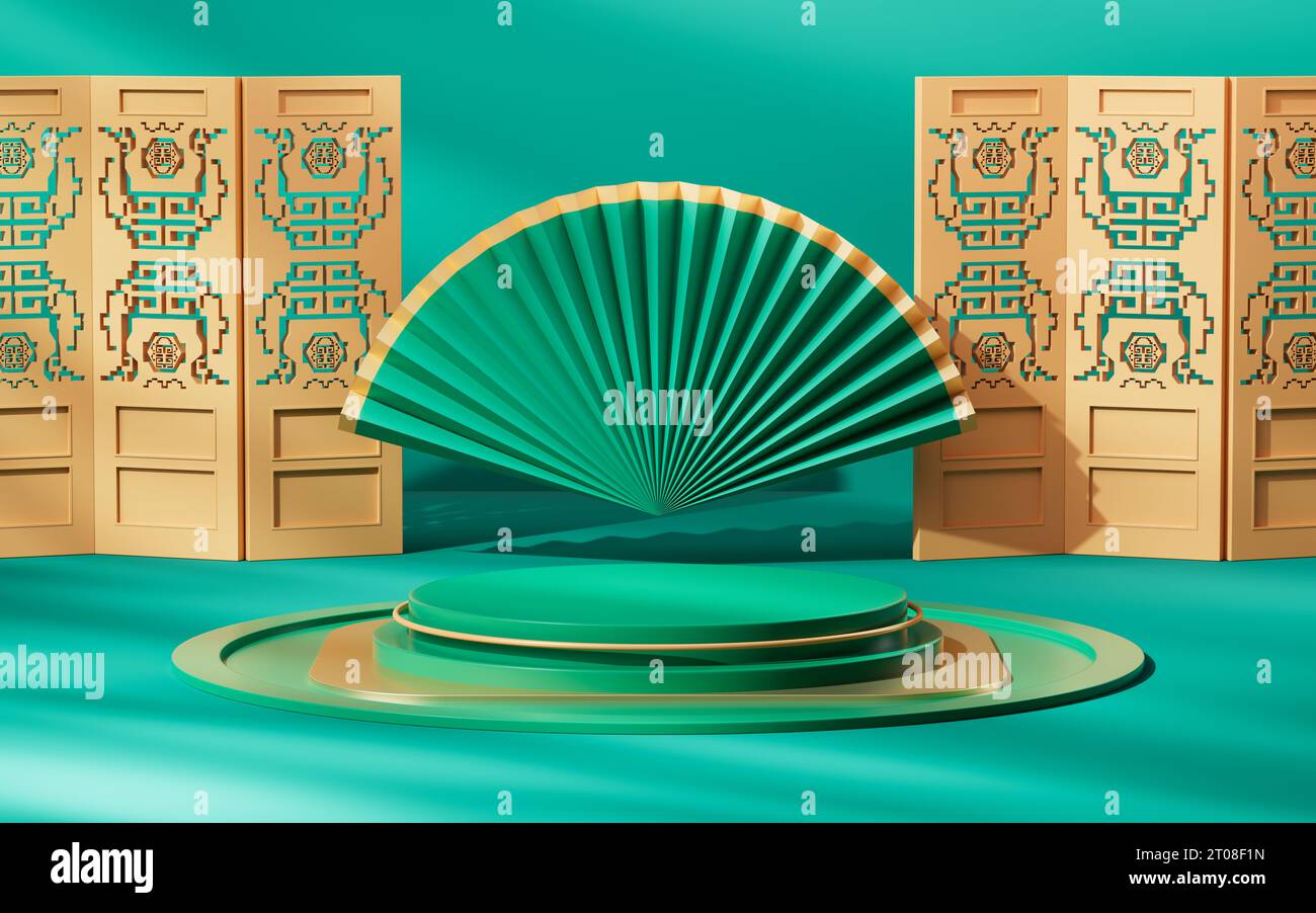 Hintergrund im grünen chinesischen Stil, 3D-Rendering. Digitale Zeichnung. Stockfoto