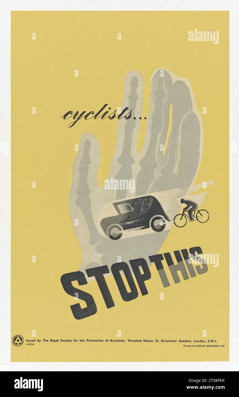 Sicherheitsposter „Cyclists…Stop This“ 1949, entworfen von Hans Schleger (1898-1976) für die Royal Society for the Prevention of Incident (ROSPA). Stockfoto