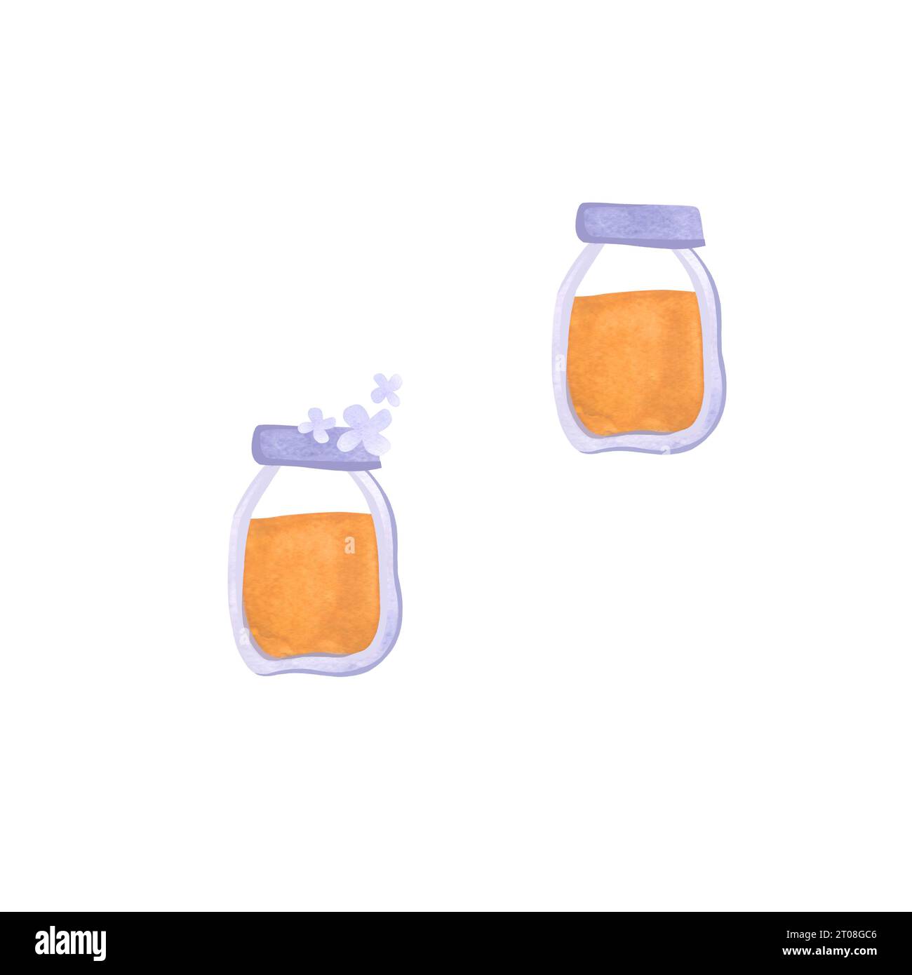 Ein Set Honiggläser mit Blumen und blauen Deckeln. Isolierte Aquarellillustration auf weißem Hintergrund. Clipart Stockfoto