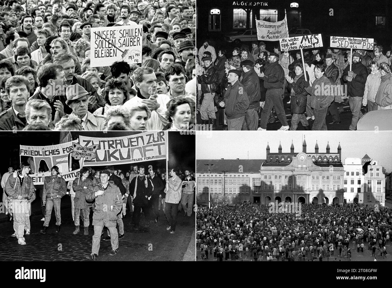 Collage 60x40 Zusammenbruch der SED-Herrschaft - erstellt: 05.10.2023, privates Fotoarchiv, Rostock 1989/90: Symbolbild: Politische Wende - mit dem Ruf: Wir sind das Volk - protestiert im Herbst 1989 Hunderttausende DDR-Bürger in vielen Städten und Gemeinden gegen die politischen Verhältnisse, wie auch in Rostock Foto. Ziel war eine demokratische Erneuerung, das Ende der SED-Herrschaft, die Abschaffung der Staatssicherheit und das Recht auf Freizügigkeit. Collage erstellt: 05.10.2023, privates Fotoarchiv, Rostock 1989/90 Rostock neuer Markt Mecklenburg-Vorpommern Deuts Stockfoto