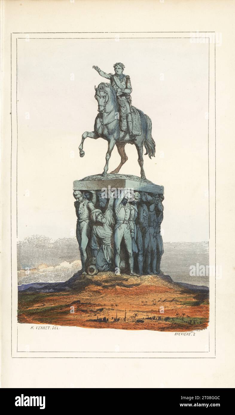 Reiterstatue von Napoleon Bonaparte in Militäruniform mit Lorbeerkranz auf einem Sockel, der von Soldaten hochgehalten wird. Handkolorierter Holzschnitt von Louis-Henri Breviere nach einer Illustration von Horace Vernet aus P. Laurent de l’Ardeches Histoire de Napoleon, Paris, 1840. Stockfoto