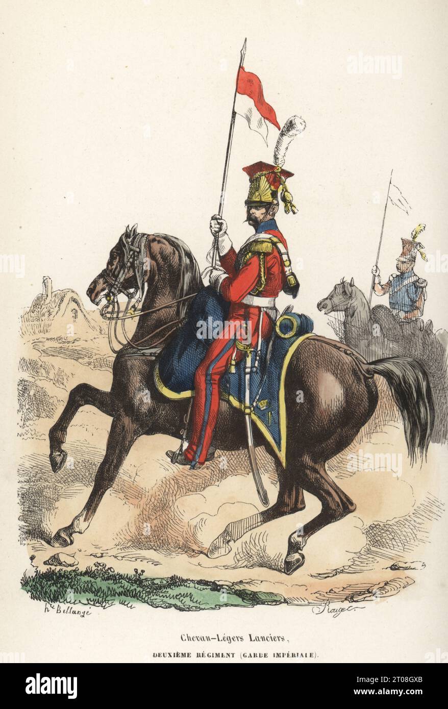 Uniform der 2. Leichten Kavallerie-Lancers (Niederländisch) der französischen Kaisergarde, 1810–1815. In polnischem Shako-Helm, rote Uniform mit blauem Revers und Besatz, gelbe Aiguilletten und Schulterklappen, bewaffnet mit Säbel und Lanze. Chevau-Legers Lanciers, Deuxieme Regiment, Garde Imperiale. Handkolorierter Holzschnitt von Francois Rouget nach einer Illustration von Hippolyte Bellangé aus P. Laurent de l’Ardeches Histoire de Napoleon, Paris, 1840. Stockfoto